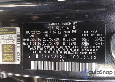 2026 Kia Ev9 Land z USA, uszkodzony, nr VIN 5XYADFS55TG015113